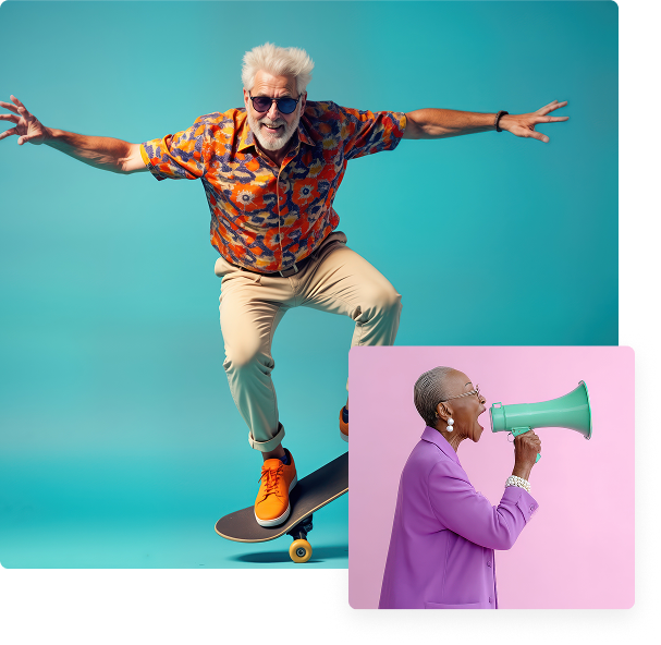 Elderly man skateboarding joyfully in a colorful outfit, while an elderly woman in a purple blazer shouts through a green megaphone.
