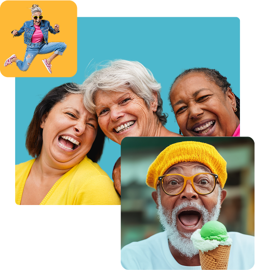 Joyful elderly people laughing together, a senior man surprised with an ice cream cone, and a stylish older woman mid-jump in a bright outfit.
