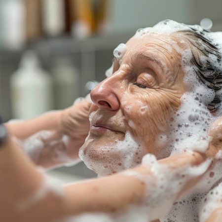 This image depicts a heartwarming scene of a caregiver gently assisting an elderly person with their daily grooming and bathing routine The caregiver is shown carefully attending to the senior s